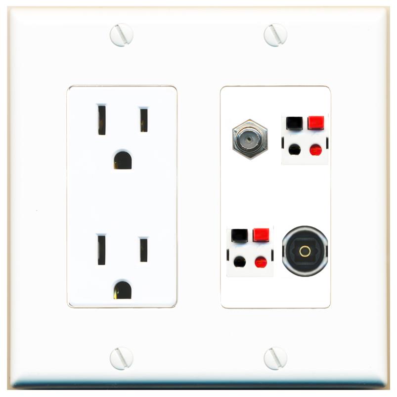 RiteAV COAX 2 SPEAKER TOSLINK Wall Plate with 15A Power Outlet [White]