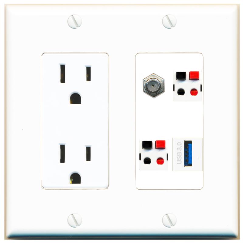 RiteAV COAX 2 SPEAKER USB-3 Wall Plate with 15A Power Outlet [White]