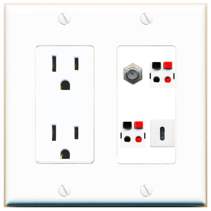 RiteAV COAX 2 SPEAKER USBC Wall Plate with 15A Power Outlet [White]