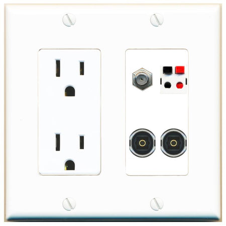 RiteAV COAX SPEAKER 2 TOSLINK Wall Plate with 15A Power Outlet [White]