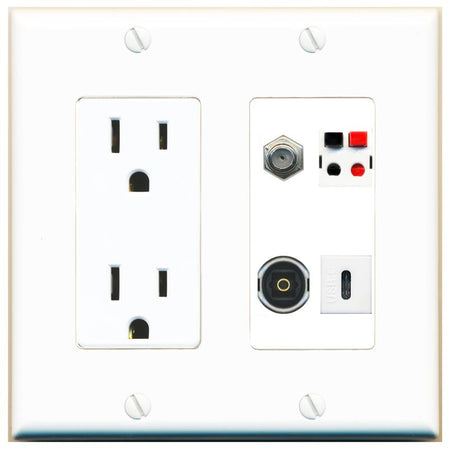 RiteAV COAX SPEAKER TOSLINK USBC Wall Plate with 15A Power Outlet [White]