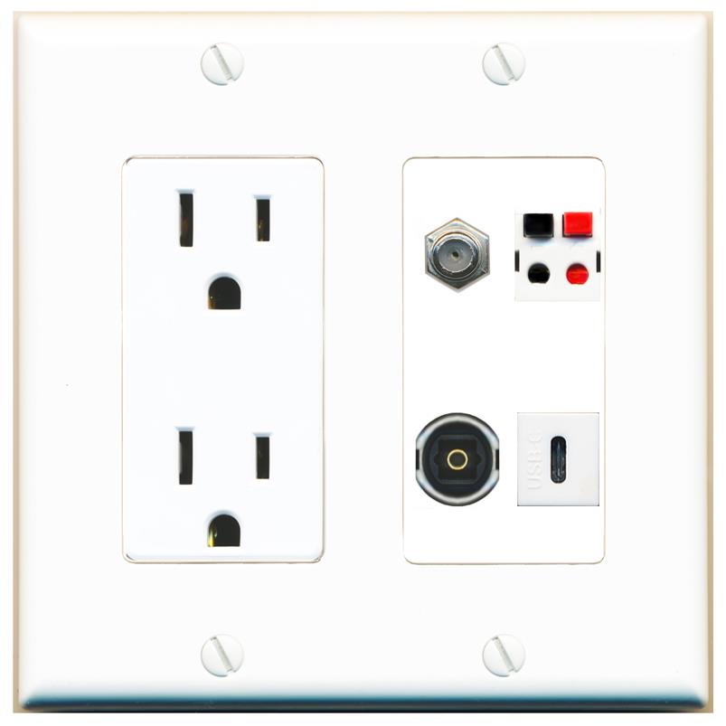 RiteAV COAX SPEAKER TOSLINK USBC Wall Plate with 15A Power Outlet [White]