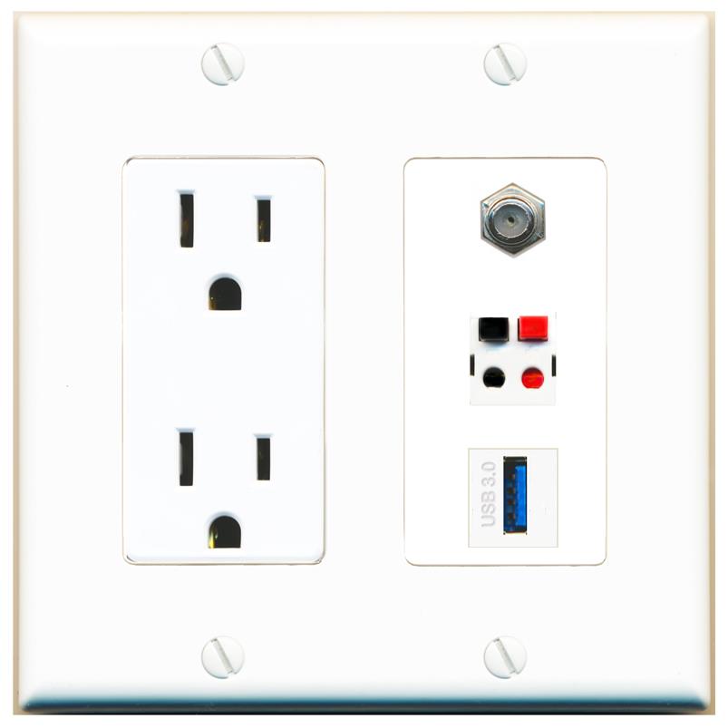 1 COAX 1 SPEAKER 1 USB-3 Wall Plate [White]