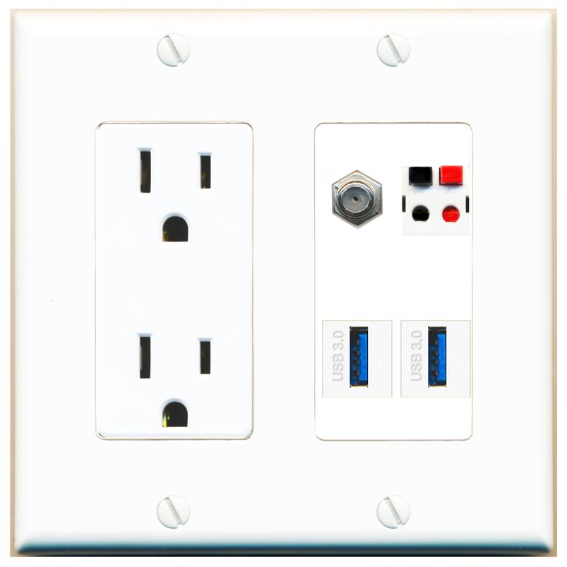 RiteAV COAX SPEAKER 2 USB-3 Wall Plate with 15A Power Outlet [White]