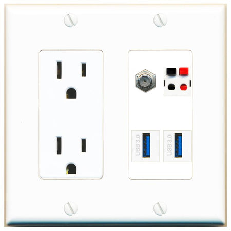 RiteAV COAX SPEAKER 2 USB-3 Wall Plate with 15A Power Outlet [White]