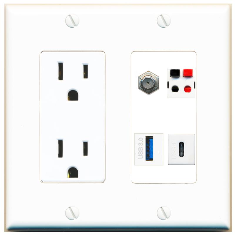 RiteAV COAX SPEAKER USB-3 USBC Wall Plate with 15A Power Outlet [White]