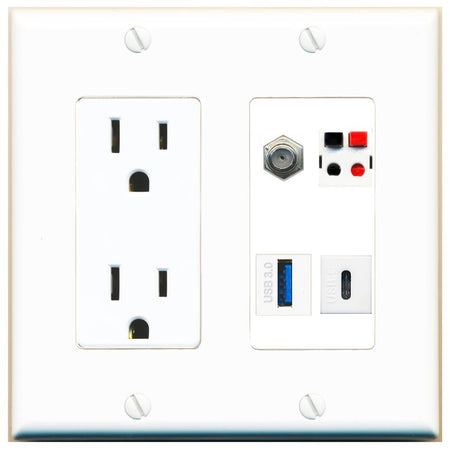 RiteAV COAX SPEAKER USB-3 USBC Wall Plate with 15A Power Outlet [White]