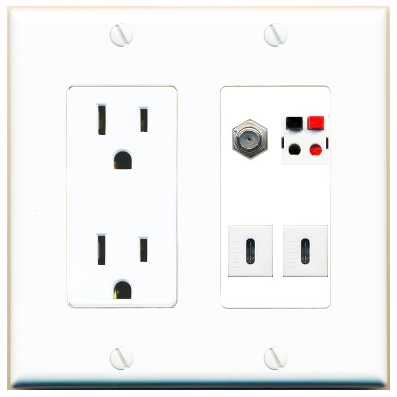 RiteAV COAX SPEAKER 2 USBC Wall Plate with 15A Power Outlet [White]