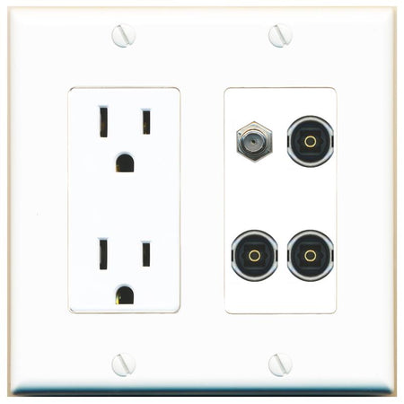 RiteAV COAX 3 TOSLINK Wall Plate with 15A Power Outlet [White]