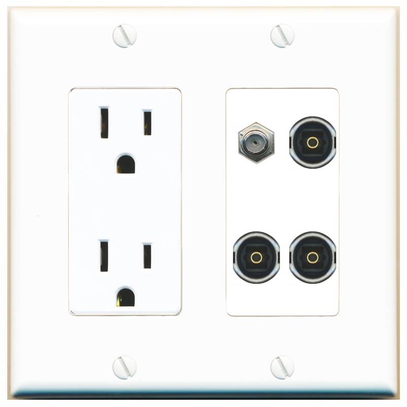 RiteAV COAX 3 TOSLINK Wall Plate with 15A Power Outlet [White]