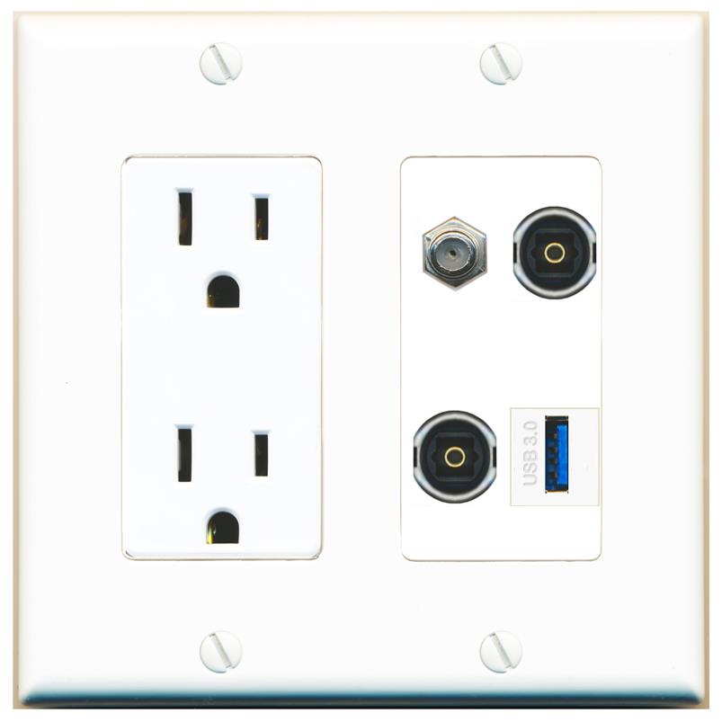 RiteAV COAX 2 TOSLINK USB-3 Wall Plate with 15A Power Outlet [White]