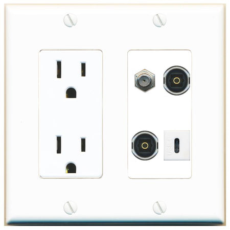RiteAV COAX 2 TOSLINK USBC Wall Plate with 15A Power Outlet [White]