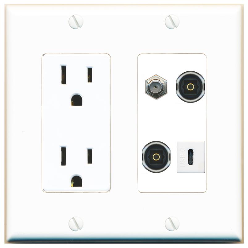 RiteAV COAX 2 TOSLINK USBC Wall Plate with 15A Power Outlet [White]