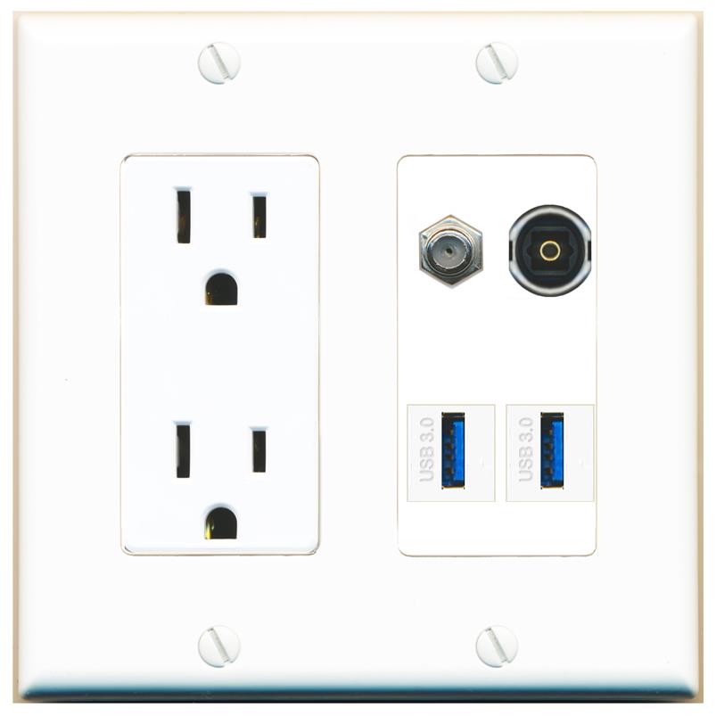 RiteAV COAX TOSLINK 2 USB-3 Wall Plate with 15A Power Outlet [White]