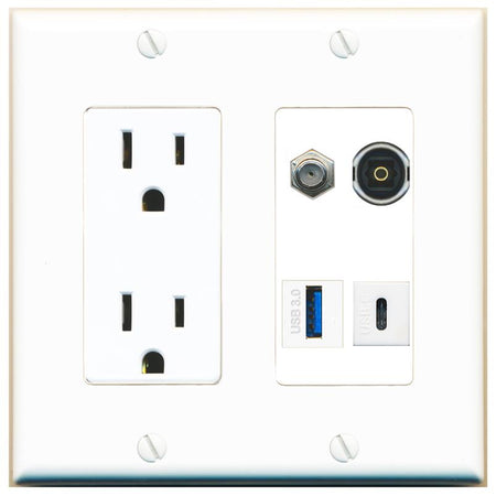 RiteAV COAX TOSLINK USB-3 USBC Wall Plate with 15A Power Outlet [White]