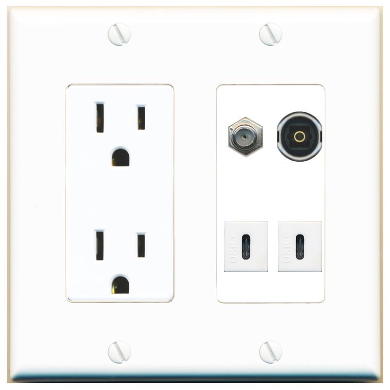 RiteAV COAX TOSLINK 2 USBC Wall Plate with 15A Power Outlet [White]