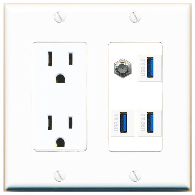 RiteAV COAX 3 USB-3 Wall Plate with 15A Power Outlet [White]