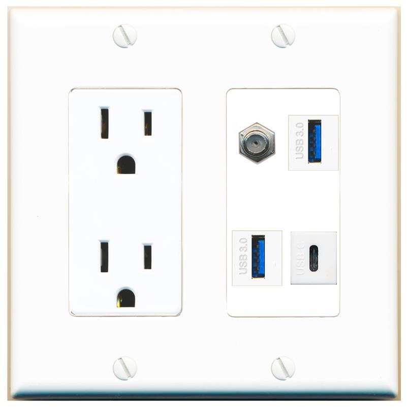 RiteAV COAX 2 USB-3 USBC Wall Plate with 15A Power Outlet [White]