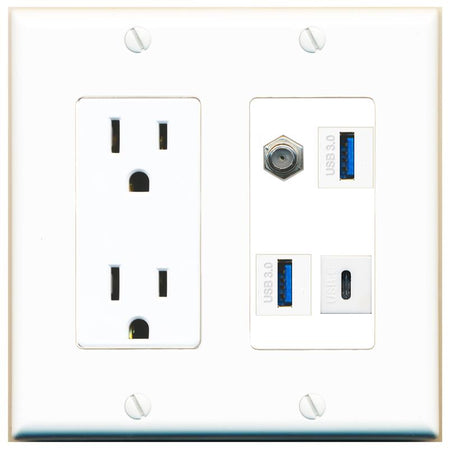RiteAV COAX 2 USB-3 USBC Wall Plate with 15A Power Outlet [White]