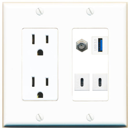 RiteAV COAX USB-3 2 USBC Wall Plate with 15A Power Outlet [White]