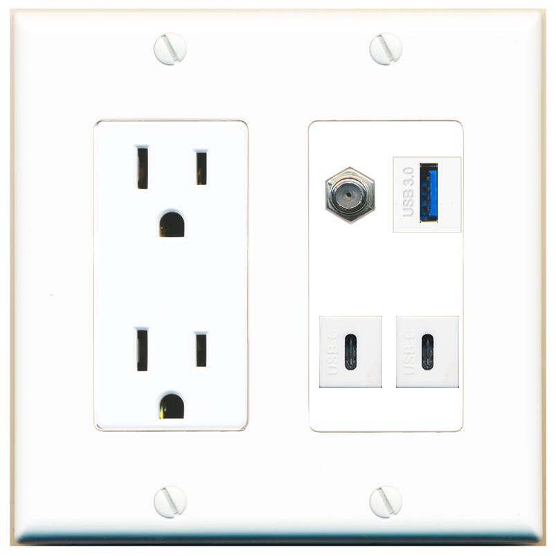 RiteAV COAX USB-3 2 USBC Wall Plate with 15A Power Outlet [White]