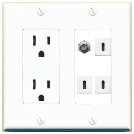 RiteAV COAX 3 USBC Wall Plate with 15A Power Outlet [White]