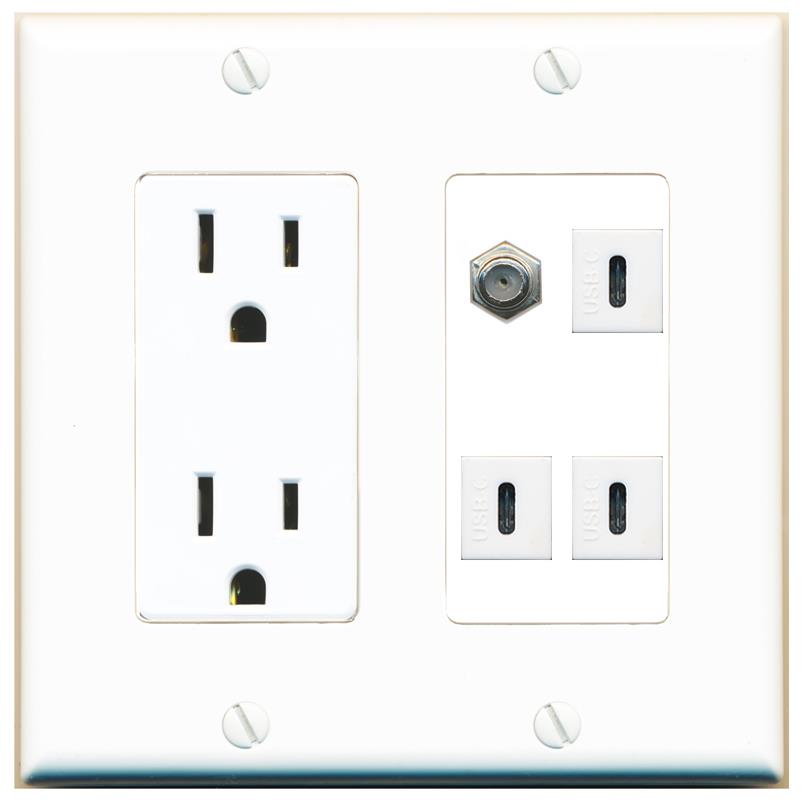 RiteAV COAX 3 USBC Wall Plate with 15A Power Outlet [White]