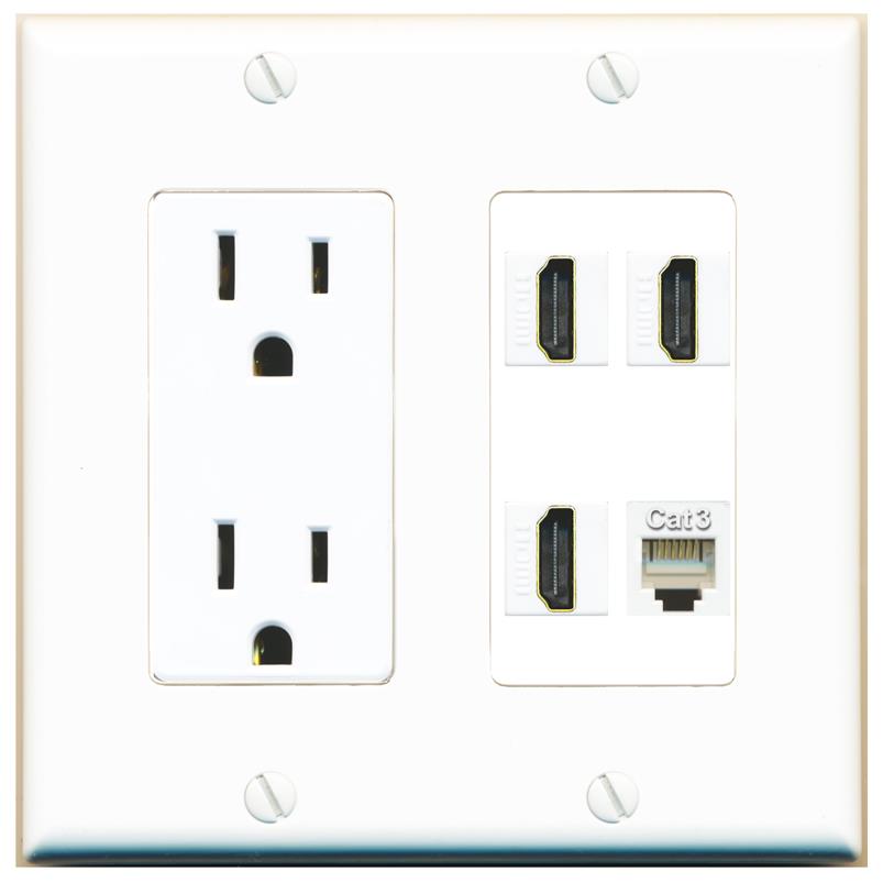 RiteAV 3 HDMI PHONE Wall Plate with 15A Power Outlet [White]