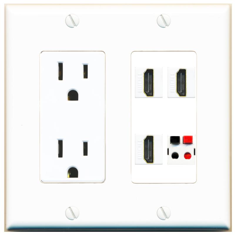 RiteAV 3 HDMI SPEAKER Wall Plate with 15A Power Outlet [White]
