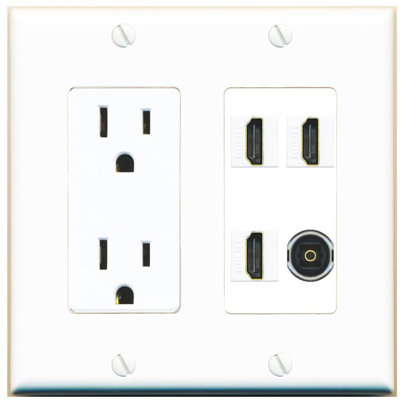 RiteAV 3 HDMI TOSLINK Wall Plate with 15A Power Outlet [White]