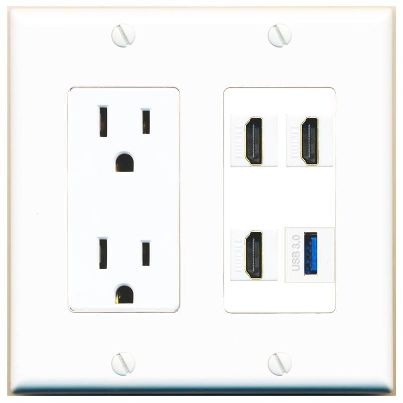 RiteAV 3 HDMI USB-3 Wall Plate with 15A Power Outlet [White]