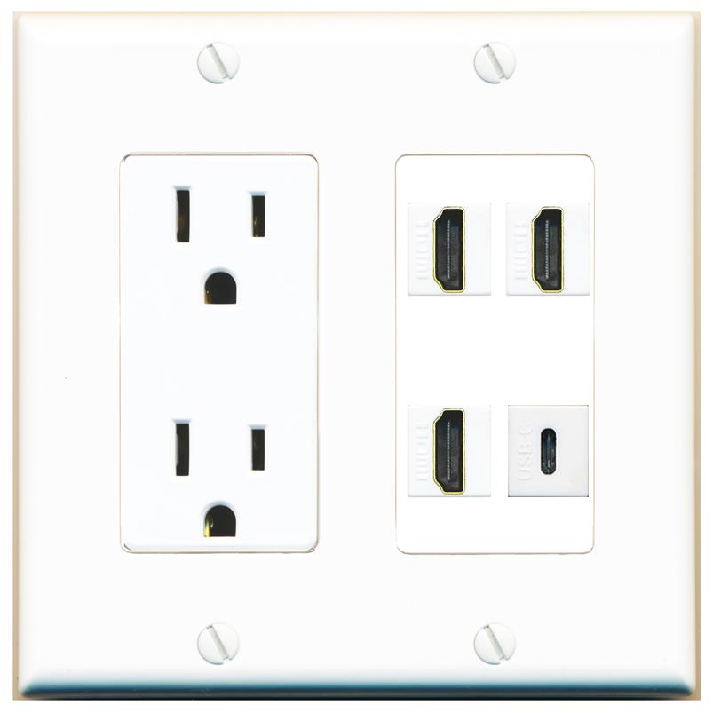 RiteAV 3 HDMI USBC Wall Plate with 15A Power Outlet [White]
