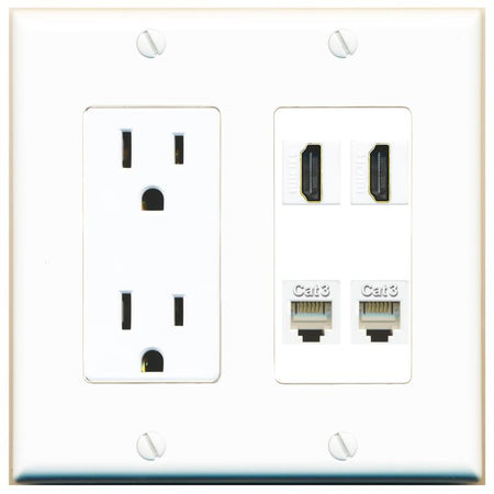 RiteAV 2 HDMI 2 PHONE Wall Plate with 15A Power Outlet [White]