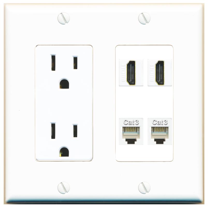 RiteAV 2 HDMI 2 PHONE Wall Plate with 15A Power Outlet [White]
