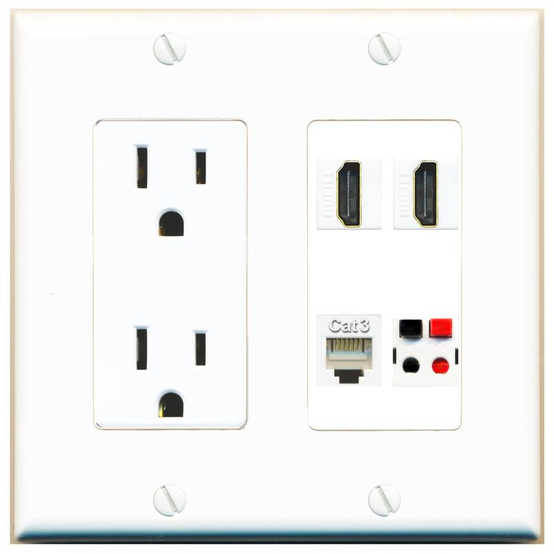 RiteAV 2 HDMI PHONE SPEAKER Wall Plate with 15A Power Outlet [White]