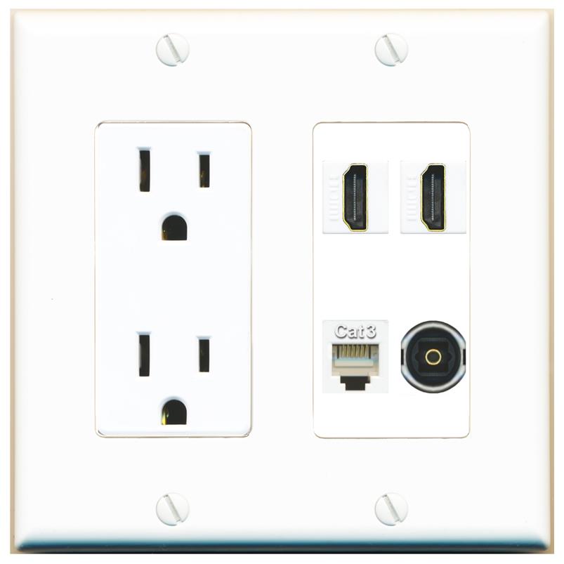 RiteAV 2 HDMI PHONE TOSLINK Wall Plate with 15A Power Outlet [White]