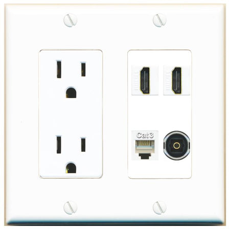 RiteAV 2 HDMI PHONE TOSLINK Wall Plate with 15A Power Outlet [White]