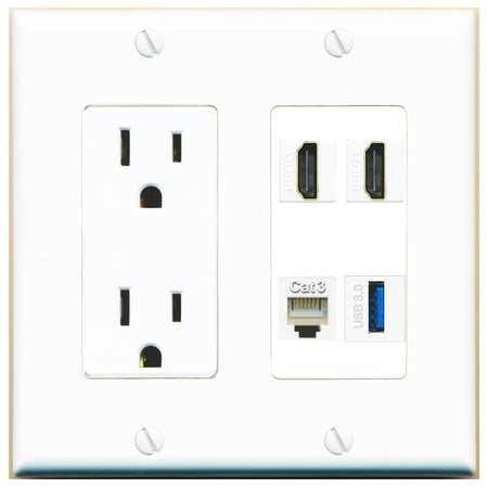RiteAV 2 HDMI PHONE USB-3 Wall Plate with 15A Power Outlet [White]