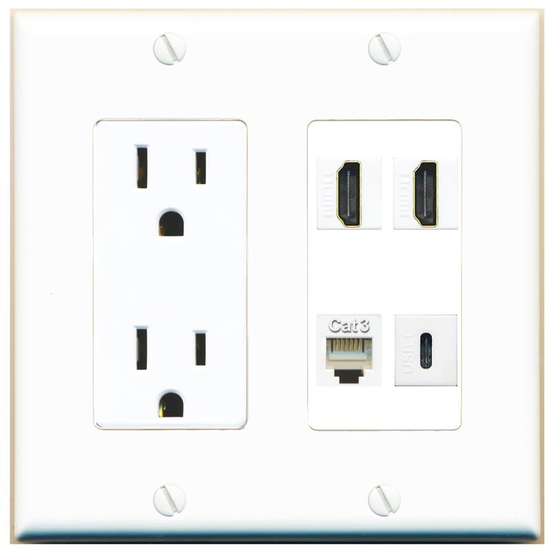 RiteAV 2 HDMI PHONE USBC Wall Plate with 15A Power Outlet [White]