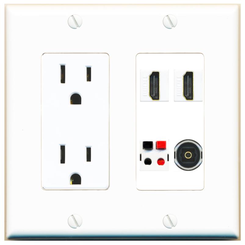 RiteAV 2 HDMI SPEAKER TOSLINK Wall Plate with 15A Power Outlet [White]