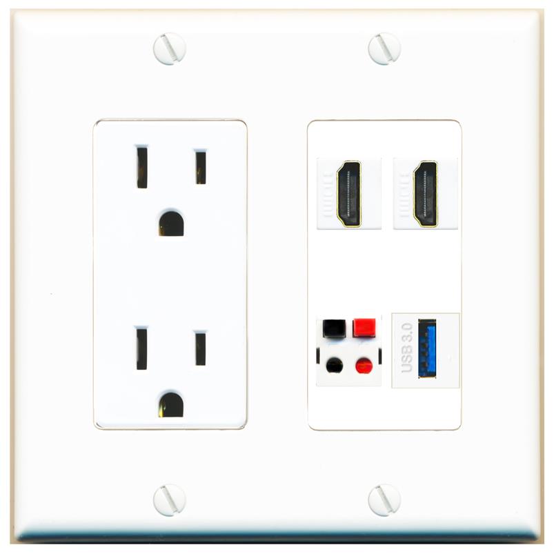 RiteAV 2 HDMI SPEAKER USB-3 Wall Plate with 15A Power Outlet [White]