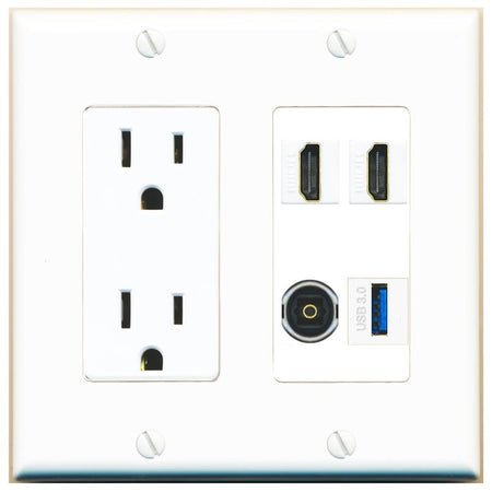 RiteAV 2 HDMI TOSLINK USB-3 Wall Plate with 15A Power Outlet [White]