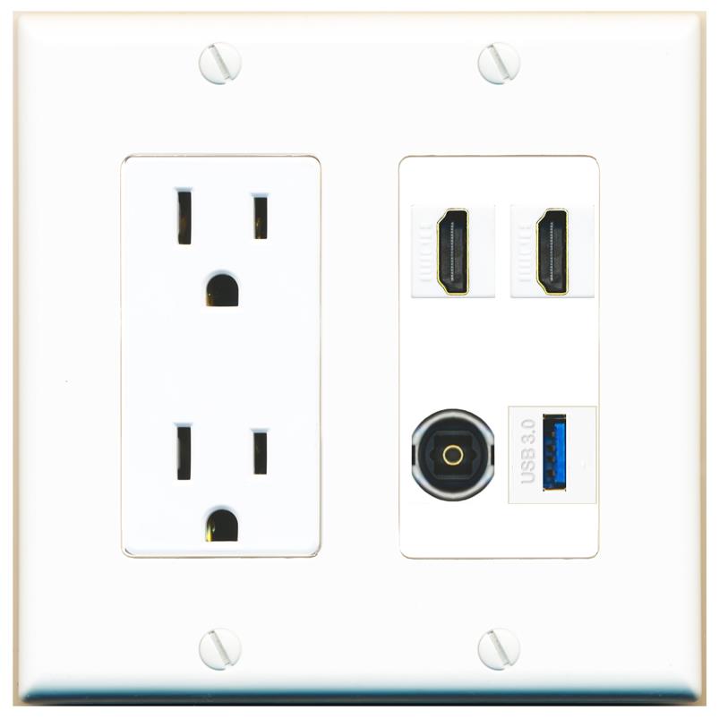 RiteAV 2 HDMI TOSLINK USB-3 Wall Plate with 15A Power Outlet [White]