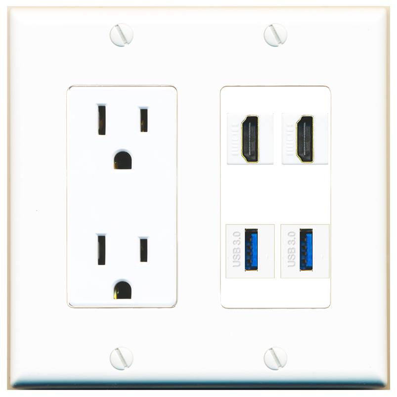 RiteAV 2 HDMI 2 USB-3 Wall Plate with 15A Power Outlet [White]