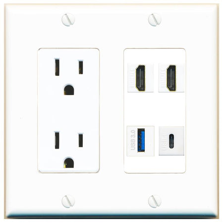 RiteAV 2 HDMI USB-3 USBC Wall Plate with 15A Power Outlet [White]