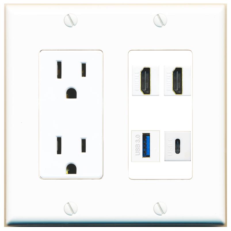RiteAV 2 HDMI USB-3 USBC Wall Plate with 15A Power Outlet [White]