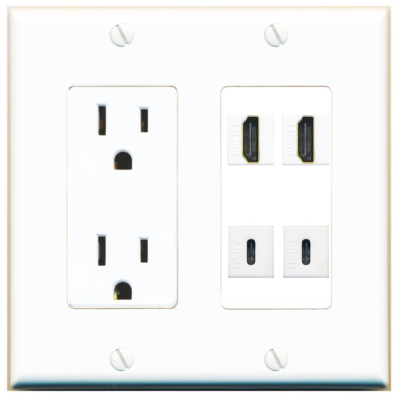RiteAV 2 HDMI 2 USBC Wall Plate with 15A Power Outlet [White]