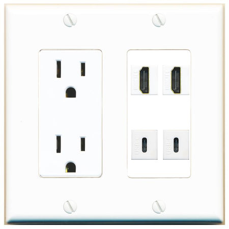 RiteAV 2 HDMI 2 USBC Wall Plate with 15A Power Outlet [White]