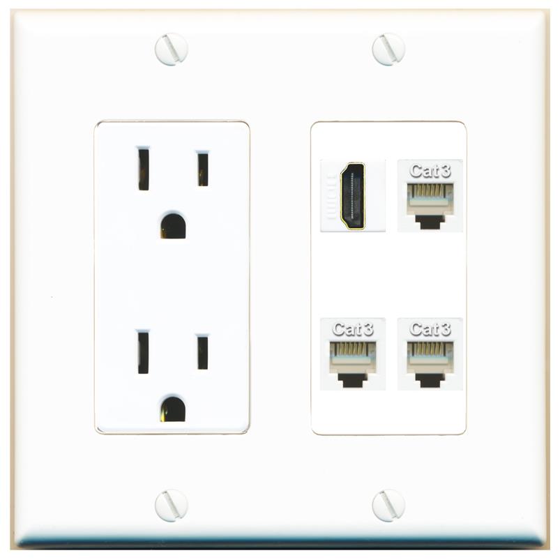 RiteAV HDMI 3 PHONE Wall Plate with 15A Power Outlet [White]