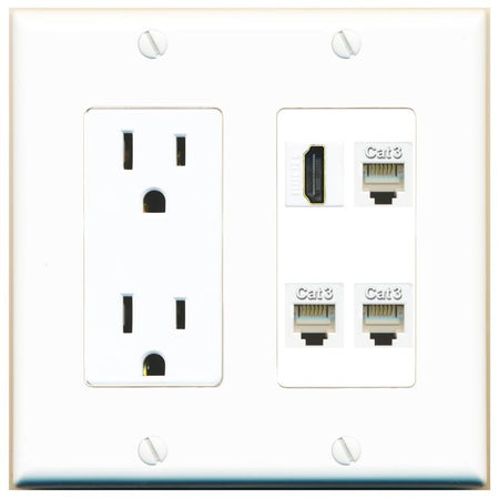 RiteAV HDMI 3 PHONE Wall Plate with 15A Power Outlet [White]